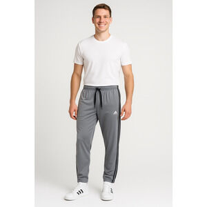 Adidas Men’s Training Pants L Gray Black Stripes 100% Polyester Athletic Joggers